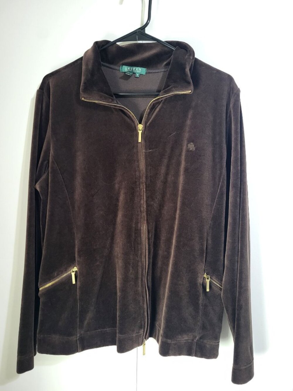 Lauren Ralph Lauren Womens XL Velour Zip Track Jacket Gold Trim y2k Brown
